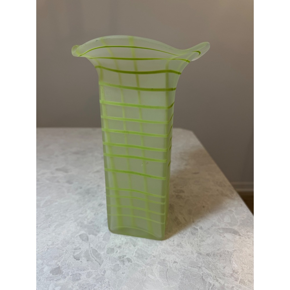 Frosted Lime Green Art Glass Vase Ruffled Rim Square Grid Pattern Hand Blown